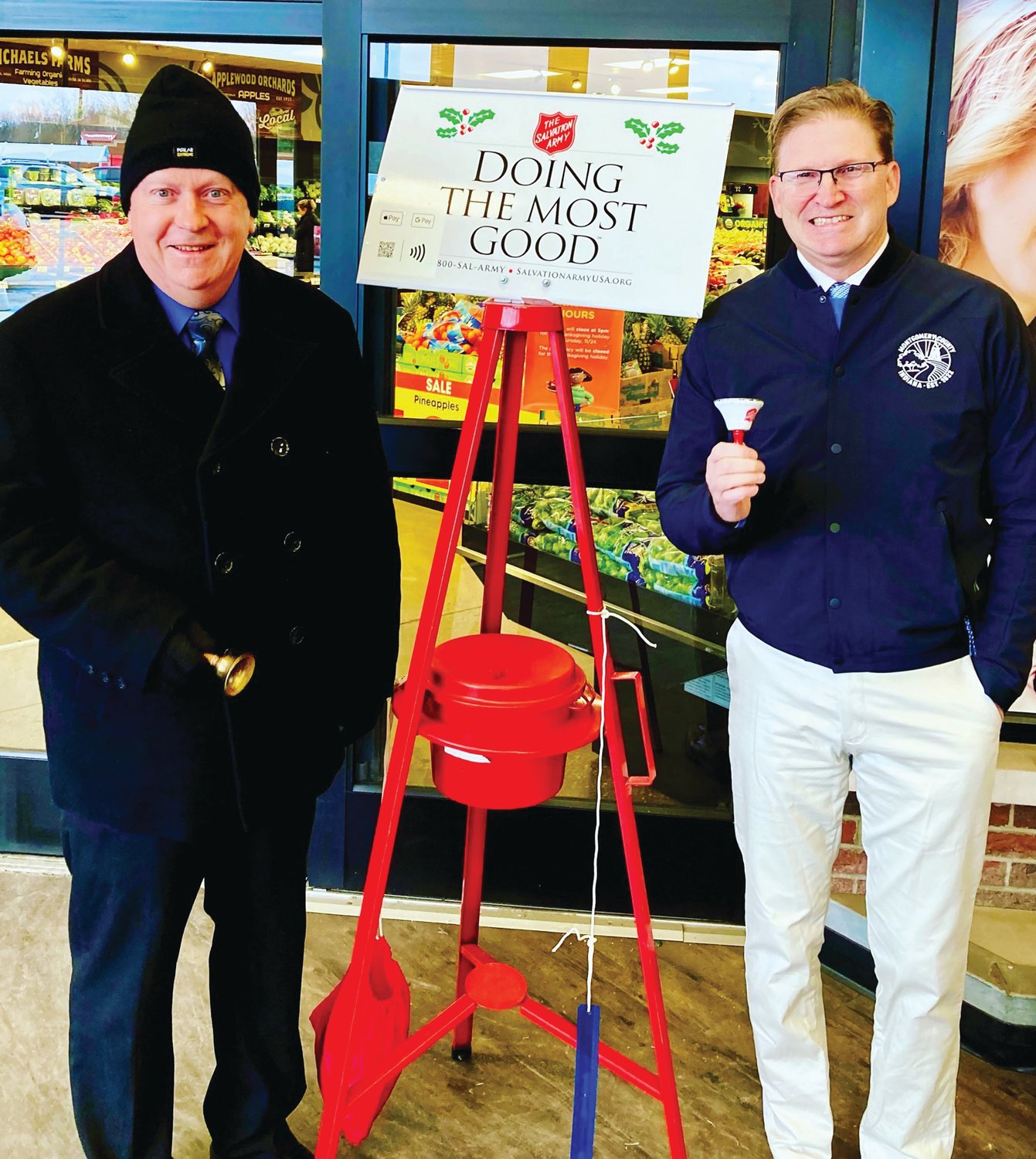 Mayor Todd Barton and County Administrator Tom Klein kicked off the Salvation Army of Montgomery County’s annual Red Kettle Campaign by being the first to ring the bell this season. Donations received in the red kettles are used to provide assistance to those in need in our community throughout 2023. Volunteers are needed to ring the bell at both Walmart and Kroger from 10 a.m. to 8 p.m. Ringers are asked to commit to ringing for two hours. Businesses, churches, community organizations, school groups, individuals, and families who want to make a difference in Montgomery County are encouraged to ring the bell. Those who want to ring the bell can sign up by contacting Clay Adams at 765-376-7194 or by registering online at www.registertoring.com.